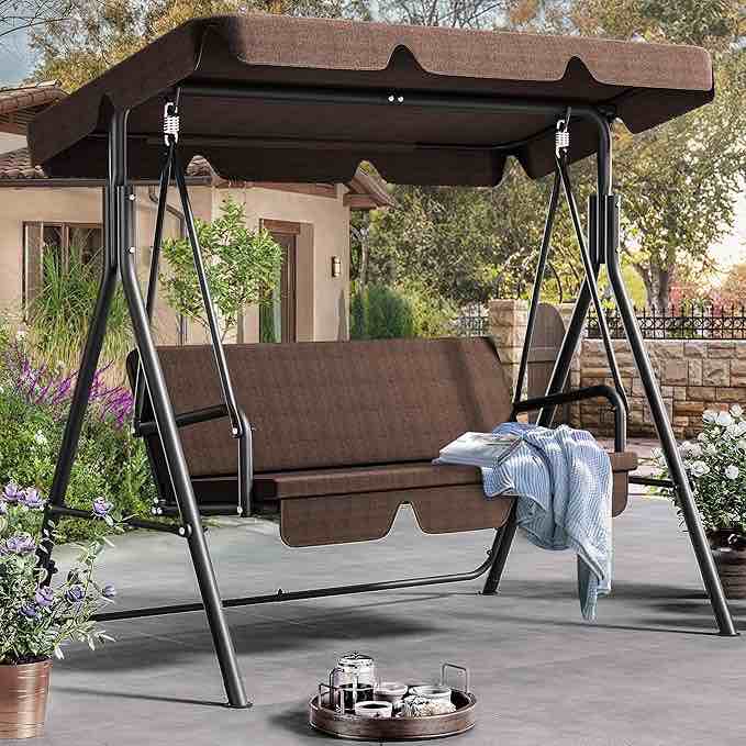 YITAHOME Canopy Swing Chair, 3 Seater Garden Swing Seat Chair, Outdoor Swinging Chair Bench with Adjustable Canopy & Removable Cushion for Patio Poolside Porch, 200KG Loadable,170 x 110 x 153cm, Brown