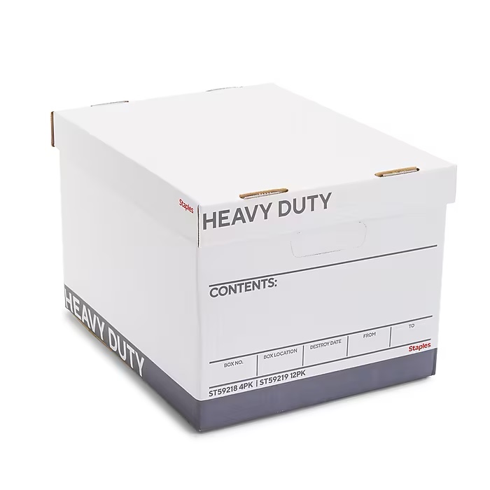Staples Heavy Duty 50% Recycled Corrugated File Box Lift Off Lid, Letter/Legal Size, White/Gray, 4/Carton