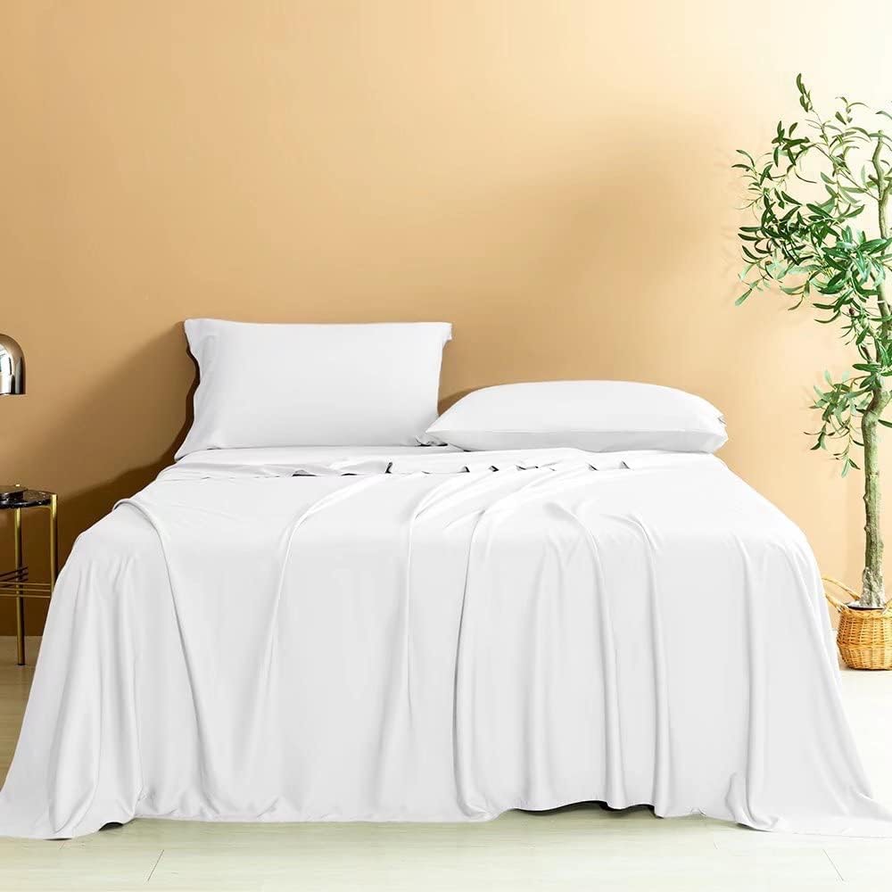 eBeddy Linens Expanded Queen Sheet Set Certified Egyptian Cotton Sateen Weave 800 TC Soft and Silky Bed Sheet with Fitted Sheet, Flat Sheet, 2 Pillow Cases Fit up to 18 Inch Deep Pocket, White Solid