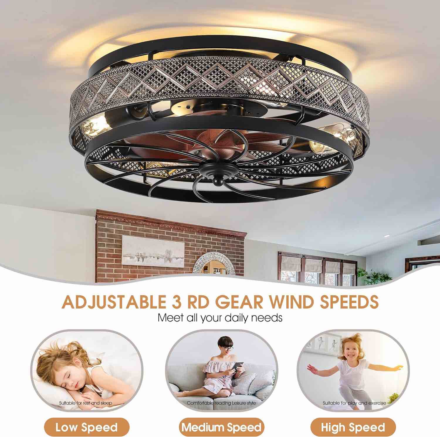 CEILING FAN LIGHT Low Profile Caged Ceiling Fans with Lights and Remote, Flush Mount Ceiling Fan with Light, Bedroom Fan, Small Industrial Black Ceiling Light Fixture, Reversible(Bulbs not Included)