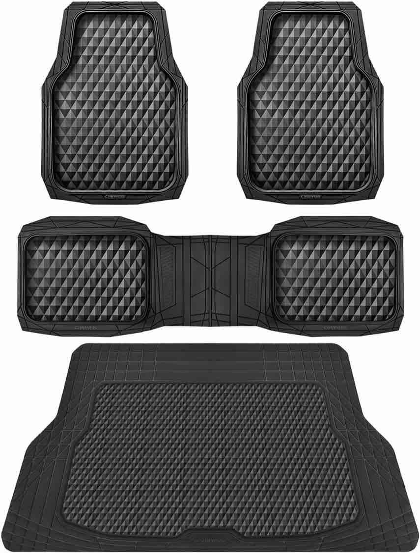 car floor mats cargo liner CAR PASS Heavy Duty Rubber Black Car Floor Mats & Cargo Liners, Deep Dish All-Weather Trunk Mats Durable Anti-Slip 3D Rhombus Waterproof Trim to Fit Liner Universal Fit Auto,Sedan,SUV,Truck, Black