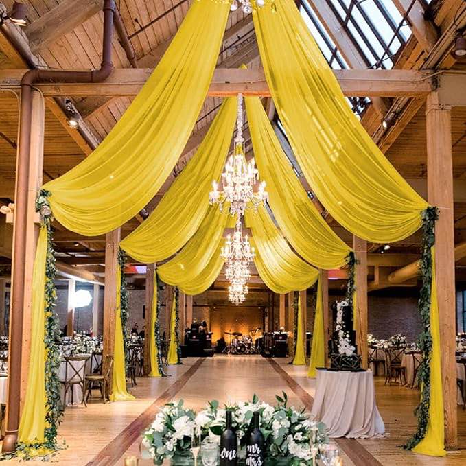 MODFUNS Wedding Ceiling Draping Hot Pink Arch Drapes 5x30FT 4 Panels Chiffon Fabric Drapery Ceiling Drapes Panels Sheer Backdrop Curtains Ceiling Sheers for Wedding Birthday Celebration Decoration 5x30FT-4PCSMustard 