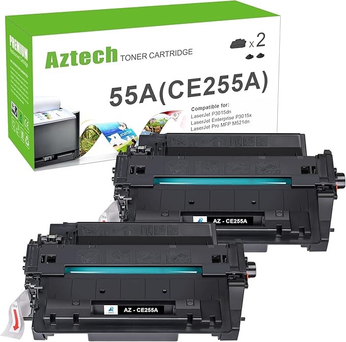 Aztech Compatible Toner Cartridge Replacement for HP 55A CE255A 55X CE255X P3015 P3015dn P3015x Pro 500 MFP M521dn M521dw M521 M525 Printer Ink (Black, 2-Pack)