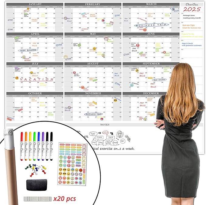 CLEVER CLEAN Large Dry Erase Wall Calendar - 48"x58" 12-month 2024 Undated Reusable Yearly Calendar for Home, Office, School Projects - Jumbo Laminated Task Organizer
