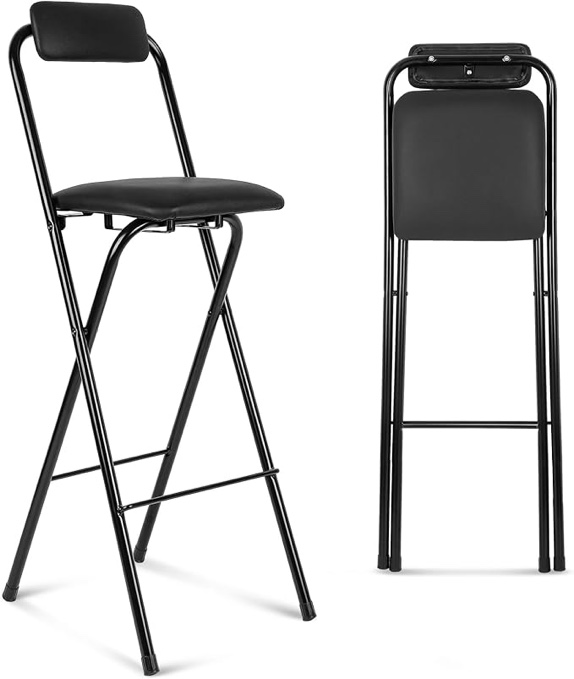 Thyle Folding Bar Stool with Backrest, Leather Padded Counter Height Foldable Stool, Portable Folding Stool Tall Bar Stools for Outdoor Camping Kitchen Shop Cafe, Black (1 Pcs, 29.5 Inch) 1 29.5 Inch