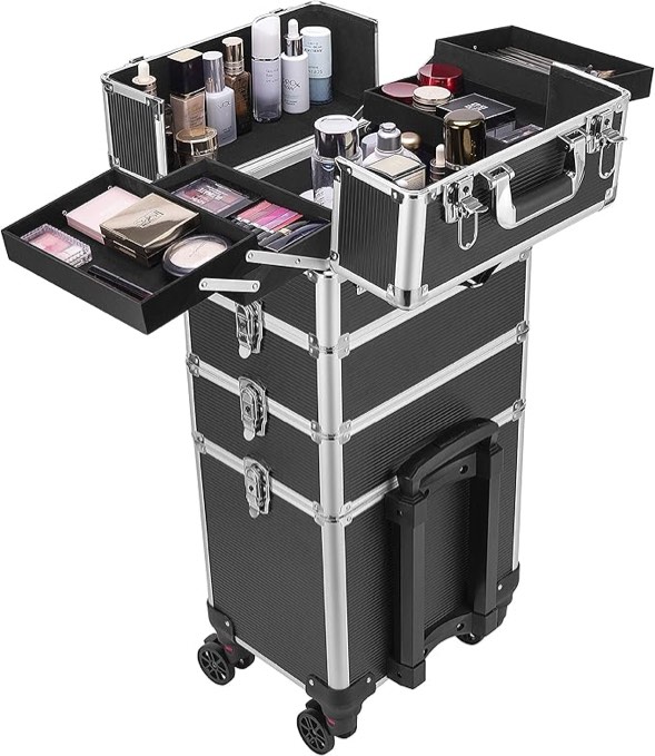 VIVOHOME 4 in 1 Makeup Rolling Train Case Aluminum Trolley Professional Cosmetic Organizer Box with Shoulder Straps 2 Keys Black(Cosmetic are not included)