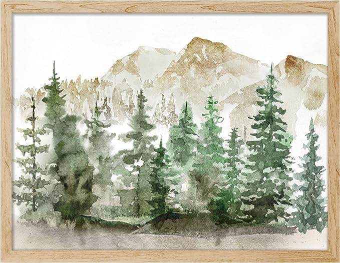 Green Watercolor Mountain Pine Tree Forest Nature Landscape Rustic Wall Art Work Framed Canvas Print