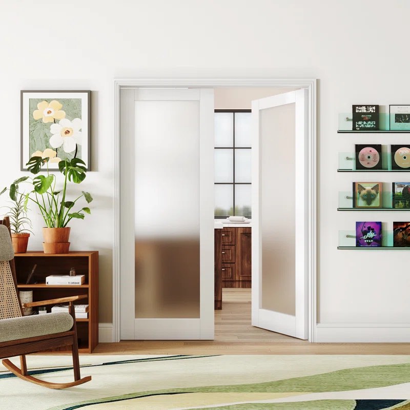 (incomplete)1 Lite Frosted Glass Interior Door White Primed Finished Double Panels Without Hardware, 2 Doors