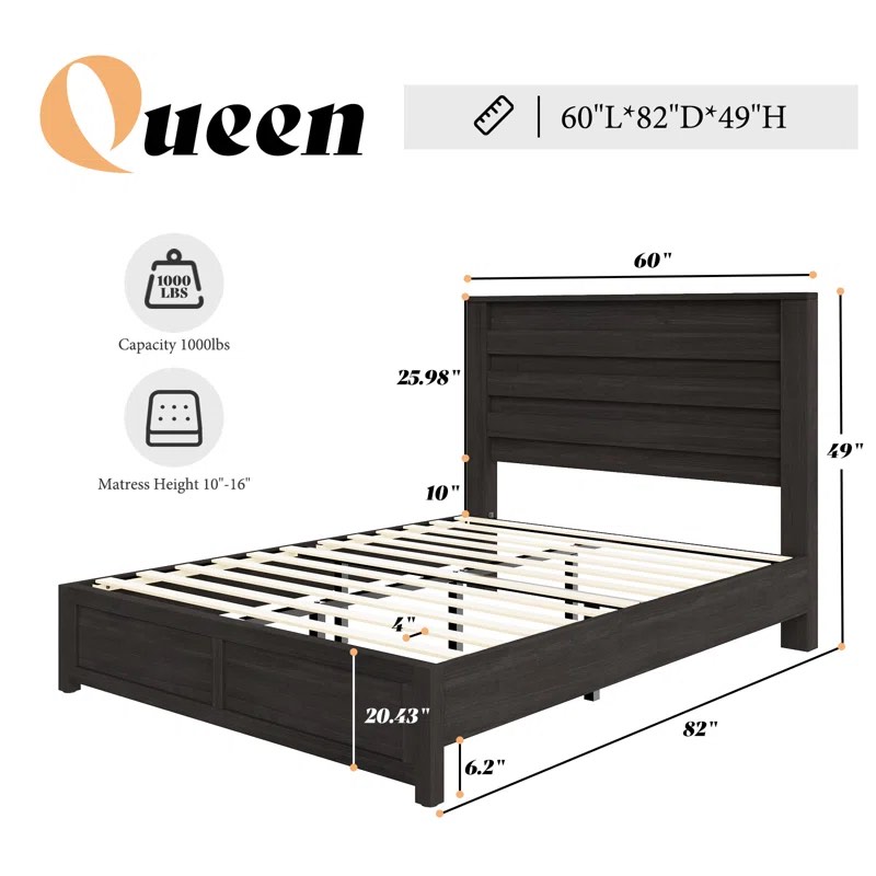 Louby Farmhouse Bed Frame With 49" Fluted Headboard, Platform Bed With Natural Wood Grain, No Box Spring Needed/Noise Free