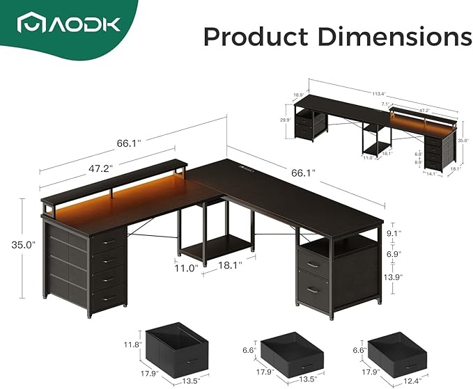 AODK 66" L Shaped Computer Desk, 113“ Reversible Home Office Desk with File Cabinet & 4 Fabric Drawers, Two Person Desk with LED Lights & Power Outlet, Corner Gaming Desk with Monitor Shelf, Black