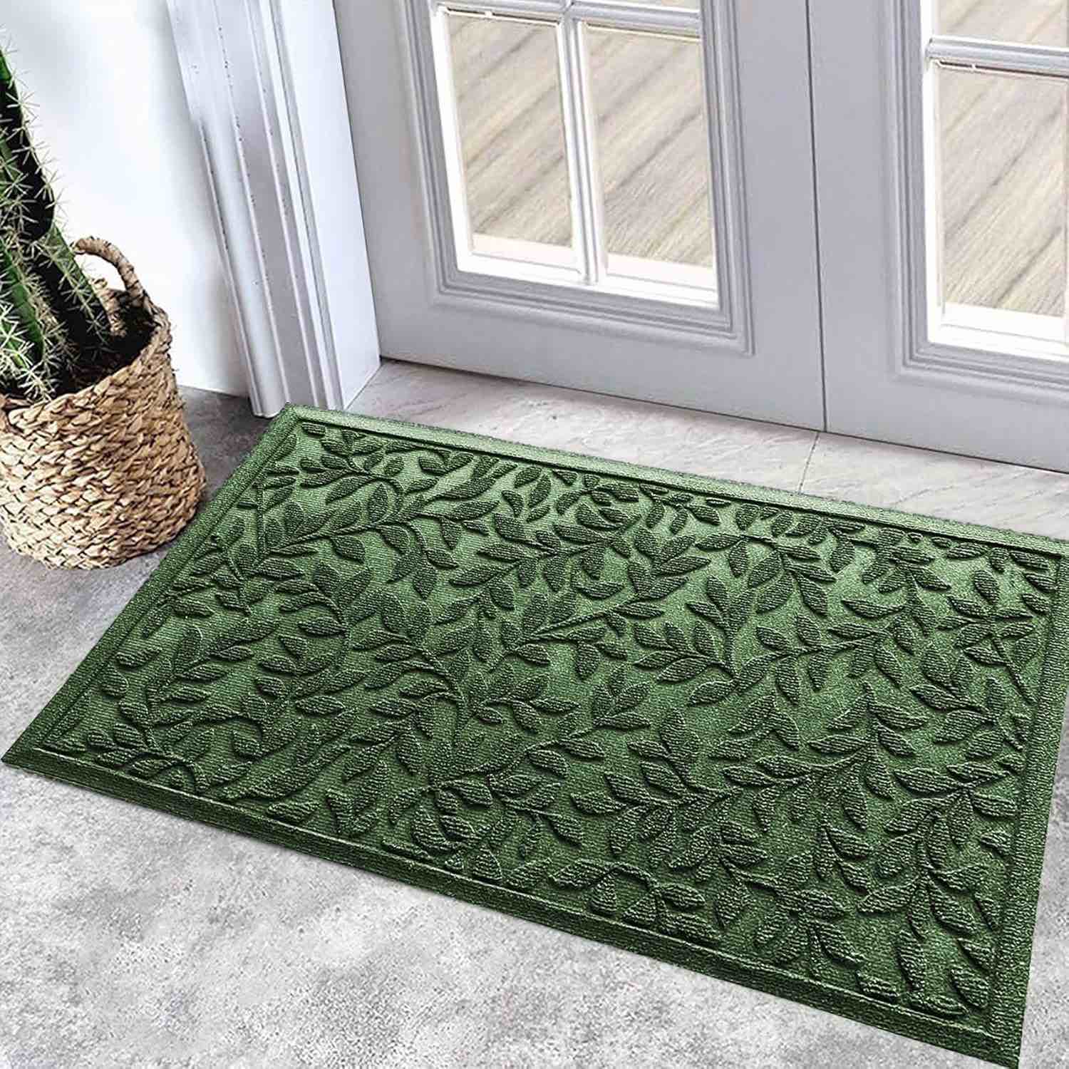 Bulijojo Outdoor Indoor Entrance Doormats,Durable Heavy Duty Welcome Mat,Thick Absorbent Natural Rubber Non Slip Mat,Easy Clean Entryway Rug Leaves Green 23"x35"