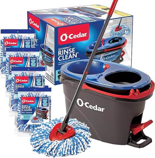 O-Cedar EasyWring RinseClean Microfiber Spin Mop & Bucket Floor Cleaning System with 4 Extra Refills