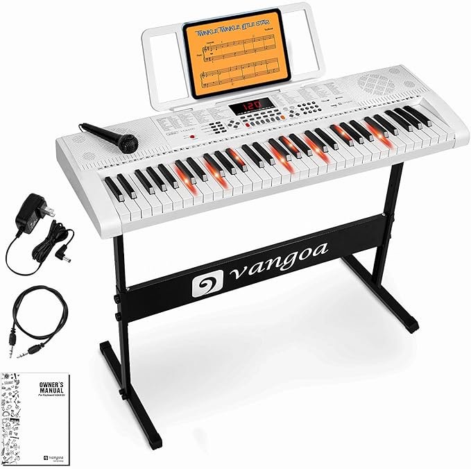 Vangoa Piano Keyboard for Beginners, VGK6101 61 Key Learning Keyboard Piano w/Lighted Keys, Electric Piano Keyboard with 600 Voices & 50 Demos, Stand/Microphone, USB, Record, Split for Students