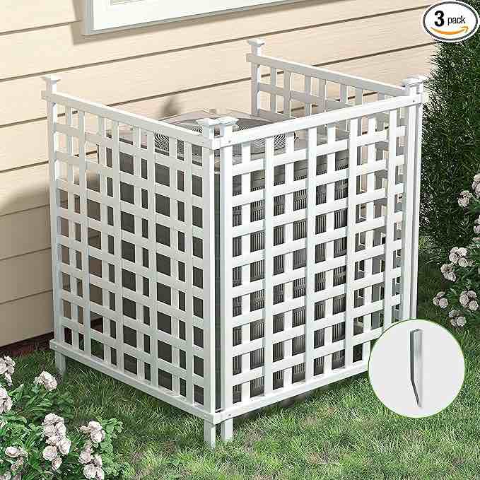 Air Conditioner Fence 48 "H x 42 "W Trash Can Enclosure Privacy Screen?Outdoor Privacy Lattice Fence Panels Pool Equipment Enclosure White Vinyl Fence for Outside?3 Panels with Metal Stake?