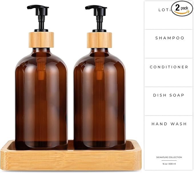 Emerson Essentials Soap Dispenser, Dish Soap Dispenser for kitchen, Hand Soap Dispenser Bathroom, Kitchen Soap Dispenser Set, Glass Hand Soap and Lotion Set for Bathroom, 16 Oz | Bamboo Tray, Set of 2