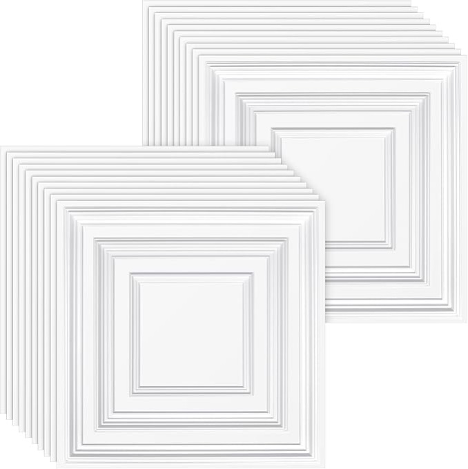 50 Pcs 2 x 2 ft PVC Plastic Drop Ceiling Tiles 24 x 24 x 0.8 Inch Ceiling Panels Decorative Ceiling Covering for Office Bathroom Living Room Bedroom (WHITE ) 50 Black