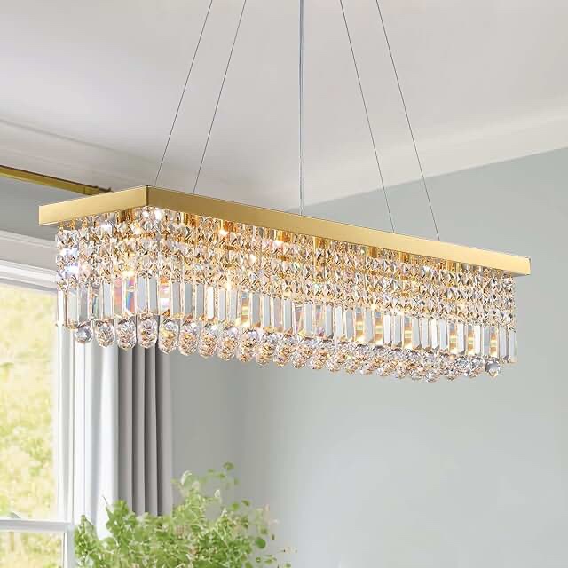 7PM Rectangle K9 Crystal Chandelier Modern Gold Crystal Chandelier Rectangular Pendant Lighting Fixture for Dining Room Kitchen Island Bedroom L31.5'' x W10'' x H10''