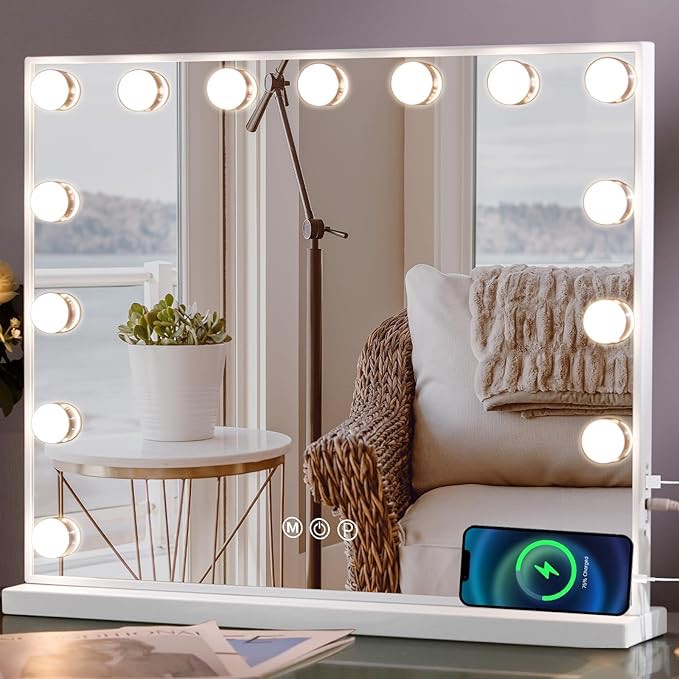 MISAVANITY Vanity Mirror with Lights Hollywood Makeup Mirror 19.68"x 15.7" with 14 Dimmable LED Bulbs, Touch Screen, Tabletop or Wall-Mounted and 10X Detachable Magnification Mirror, Whtie…