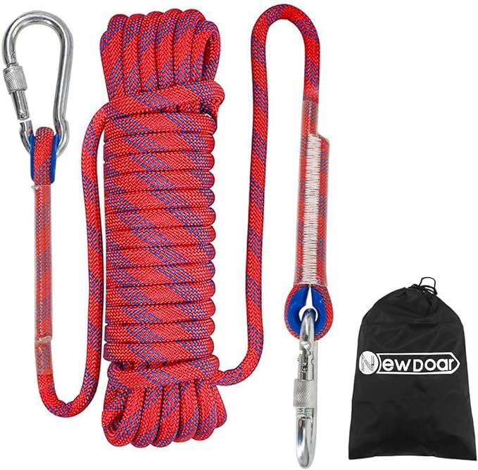 NewDoar Climbing Rope 8(5/16in),10mm (3/8in), High Strength Accessory Cord Rope with 2 Steel Hooks, for Outdoor Rescue Rappelling Rope Down Cliffs ledges Safety Escape Tow Strap Equipment(red)
