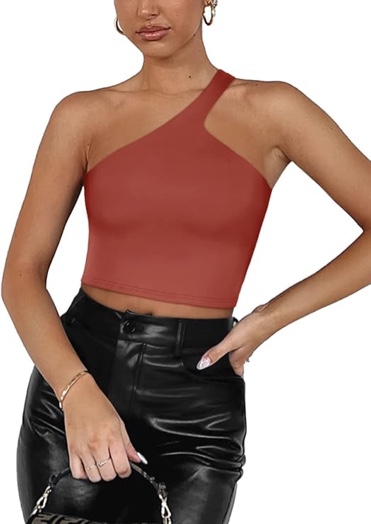 size S. REORIA Women’s Trendy Sexy One Shoulder Double Lined Seamless Backless Sleeveless Going Out Trendy Crop Tank Tops Small Rusty Red