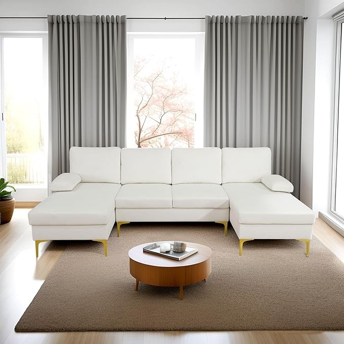 Sectional Couches for Living Room Furniture Sets, 100 Inch U Shaped Sectional Sofa with Double Chaises Extra Wide Armrests for Apartment House,White Velvet Fabric ( Incomplete)
