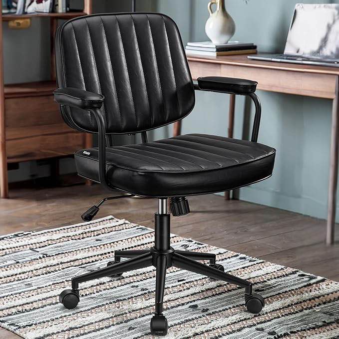 Artswish Mid Century Office Chair Leather Desk Chair Black Office Desk Chair Home Office Chair with Wheels and Arms
