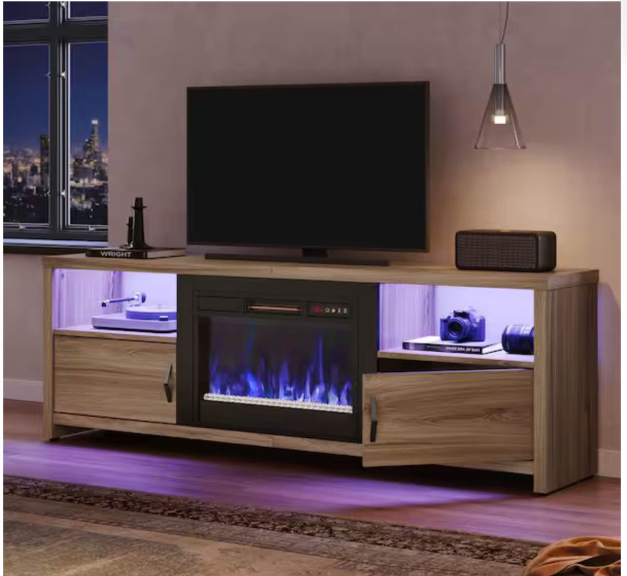 70 in. Pinewood LED TV Stand Fits TV's Up to 75 in. Entertainment Center with Fireplace and Cabinets