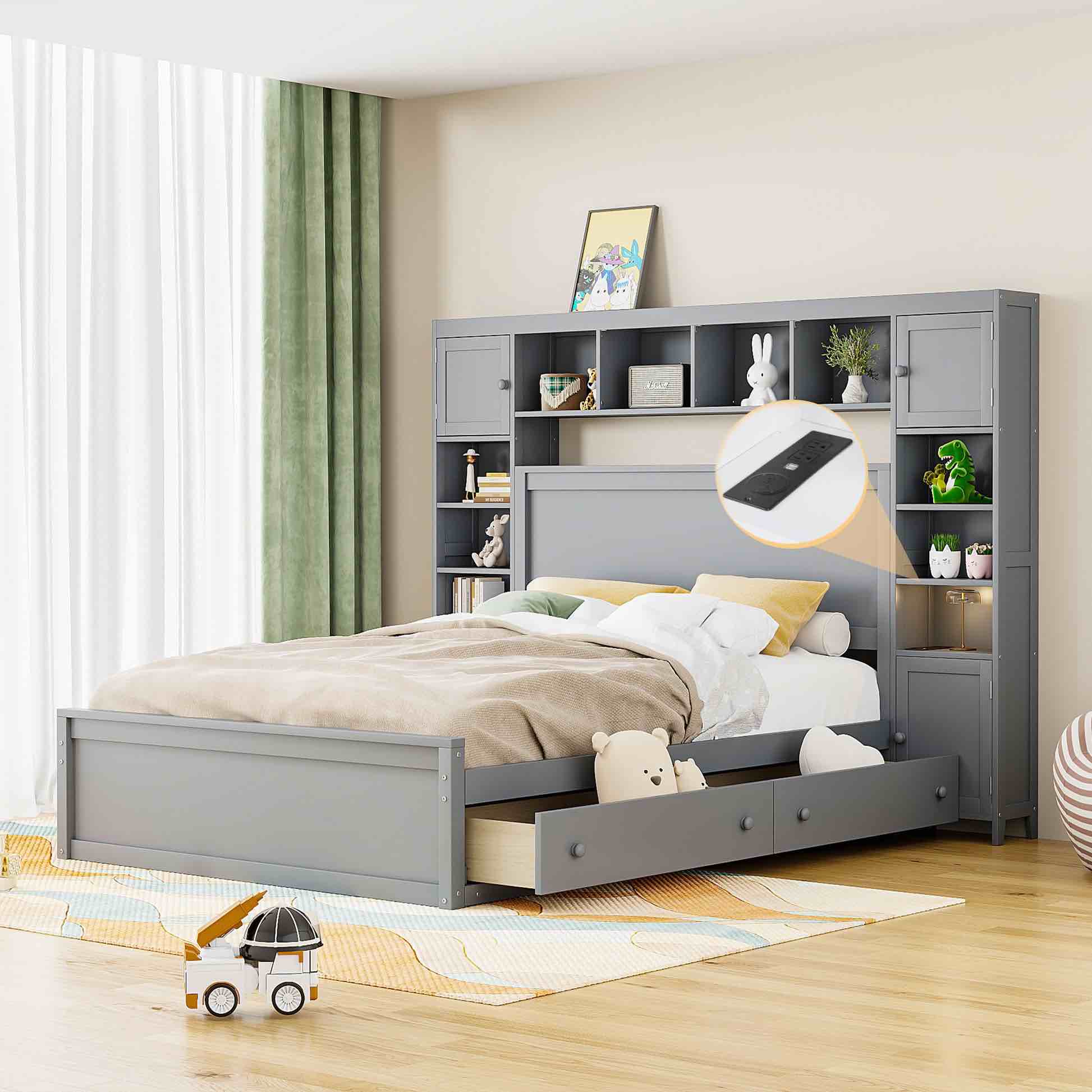 Queen Size Wooden Bed With All In One Cabinet, Shelf And Sockets, Gray Gray Solid Wood( incomplete missing box 2/3) 