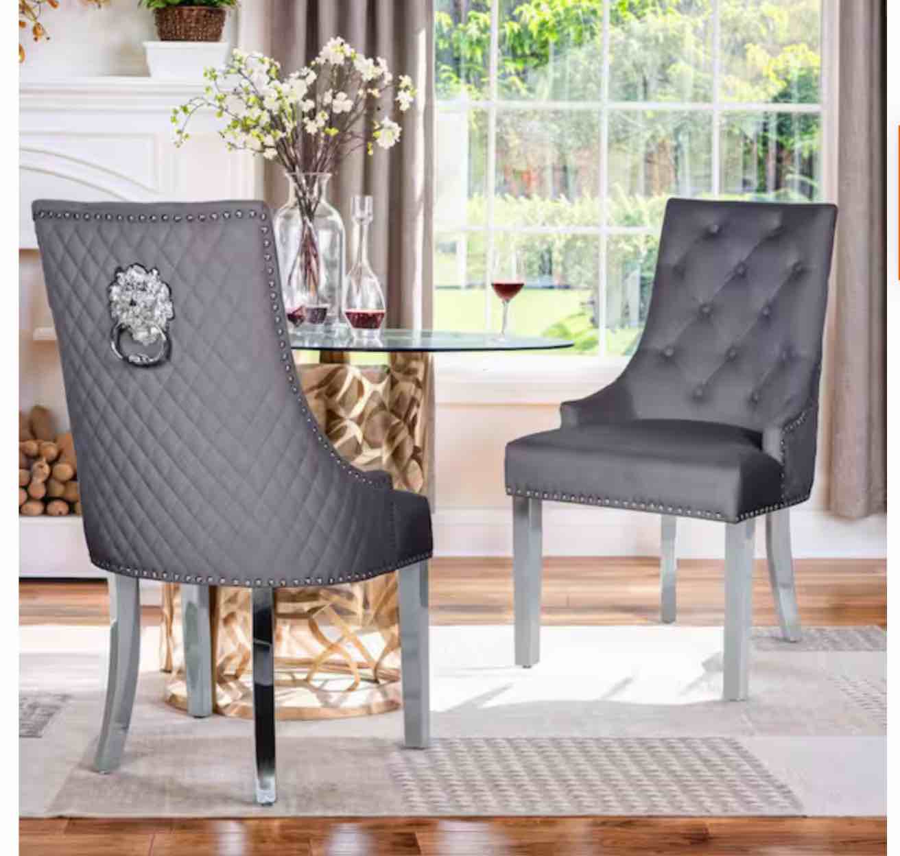 Dark Gray Velvet Upholstered Dining Chairs Set of 2 with Lion Head Pull Ring, Stainless Steel Legs