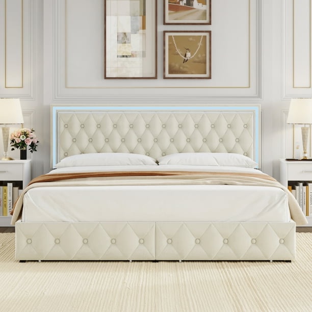 Homfa King LED Bed with 4 Drawers, LED Lights Platform Storage Bed Frame with Upholstered Adjustable Button Tufted Headboard, Velvet Beige