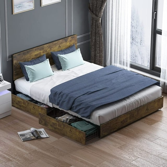 BALUS King Size Vintage Wood Platform Bed with Storage, Rustic Wood