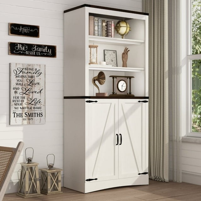 ChVans 71"Tall Farmhouse Bookcase Storage Cabinet with 2 Barn Doors, 5 Tier Kitchen Pantry Storage Cabinet w/Adjustable Shelves, for Dining Room, Bathroom, Living Room, Rustic White