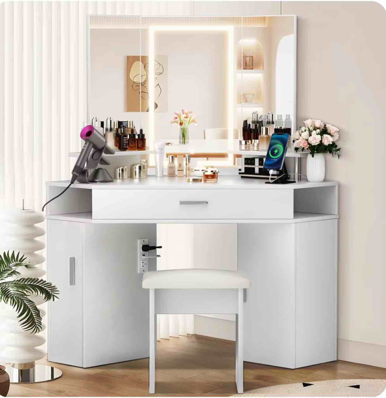 SMOOL Makeup Vanity Desk - 3 Color Lighting Options, Brightness Power Outlet 47" L Vanity with Lighted Mirror ( incomplete only box B ) 