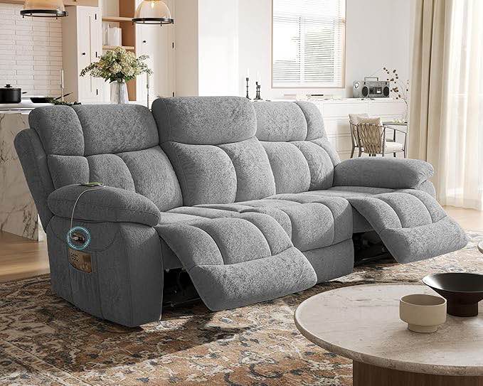 Power Reclining Sofa, Reclining Couch with USB Charging Port and One-Touch Lock, 3 Seater Recliner Sofa- Recliner Couch for Living Room(Grey Chenille ( Similar To Stock Photo) 