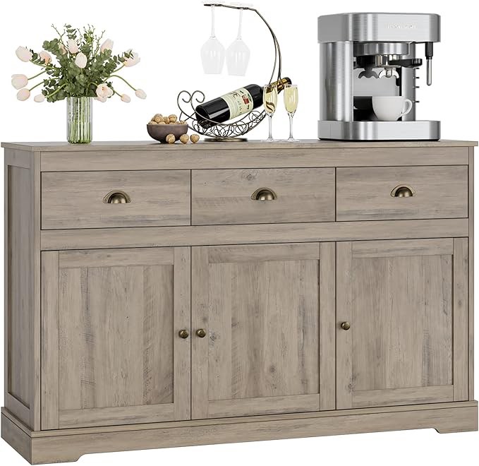 Keyluv Buffet Storage Cabinet, Sideboard Farmhouse Server Bar Wine Cabinet with 3 Drawers & 3 Doors Adjustable Shelves Console Table for Kitchen, Dining Living Room Cupboard, Grey Wash