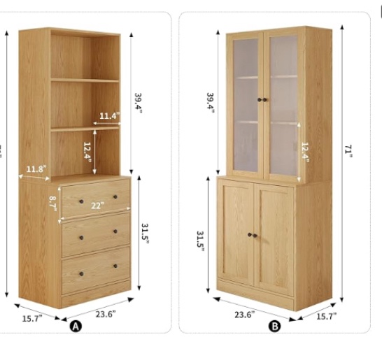 VOWNER Vertical File Cabinet, 3-Tier Modern Bookshelf with 3 Large Drawer, Wood Filing Cabinet with Open Storage Shelf, Glass Doors and Fixed Storage Shelves for Home Office, Wood