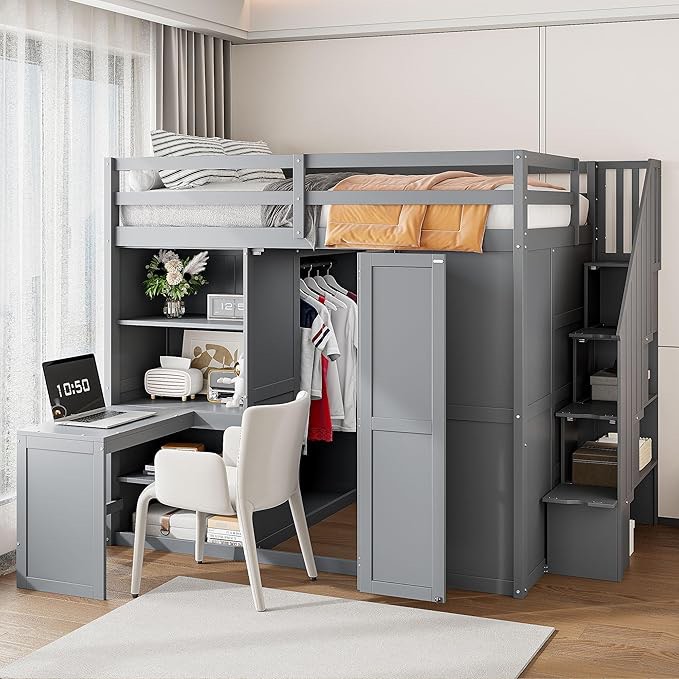 Full Size Bunk Bed with Wardrobe, Desk and Shelves, Wood Loft Bed with Storage, Loft Bed Bunk Bed with Guardrails and Ladder for Kids, Gray ( incomplete box 3/4) 