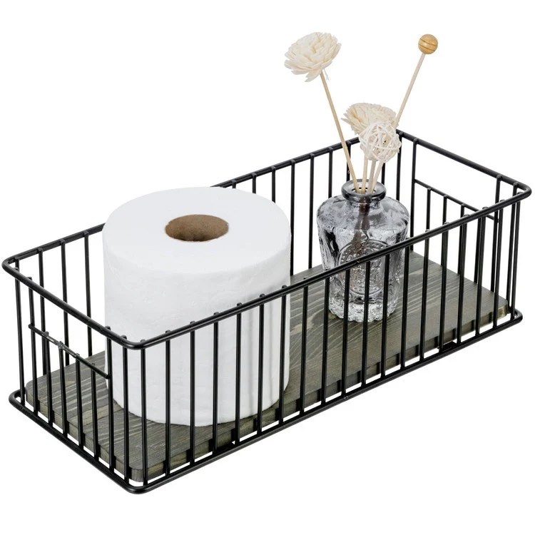 Black Metal Toilet Paper Holder Basket with Gray Solid Wood Base, Bathroom Sink Counter Toiletries Storage