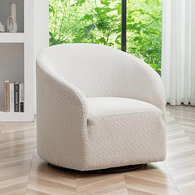 32" Wide Swivel Boucle Accent Chair Armchair, No Assembly Mid-Century Modern Round Upholstered Barrel Chair for Living Room, Bedroom, Office (White)