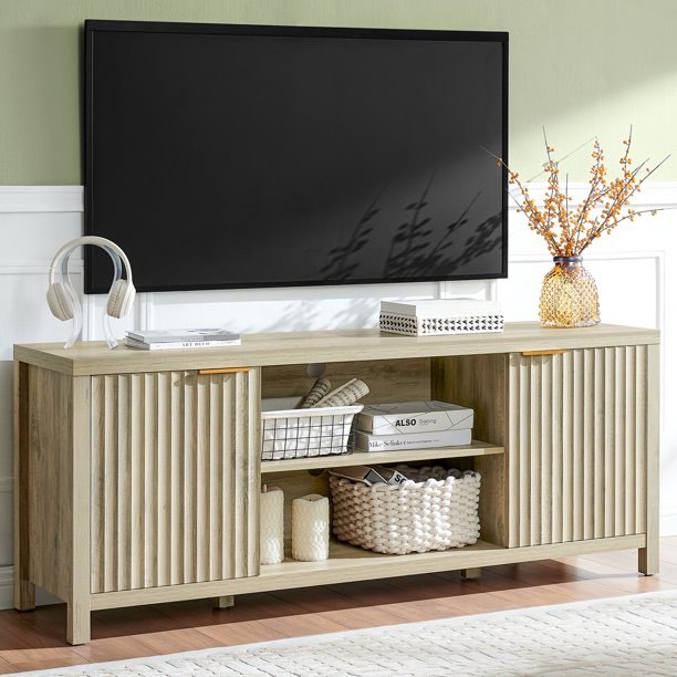 OAKHAM Fluted TV Stands for 75 Inch TV, Farmhouse Entertainment Center TV Console with Storage Cabinet, Sunwashed Ash Oak