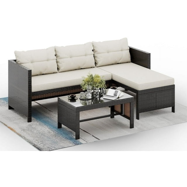 Walsunny 3 Pieces Patio Furniture Set Outdoor Patio Sectional Sofa Weaving Wicker Rattan All Weather Patio Seating Sofas with Cushion and Glass Coffee Table Beige ( Missing table)