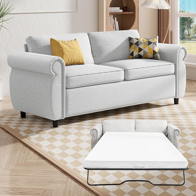 CECER Queen Size Pull Out Sofa Bed, Pull Out Couch Bed with Foldable Mattress, Convertible Couch Bed with Upholstered Nailhead for Living Room, Apartment, Office-Beige ( Box 1/2 Incomplete)