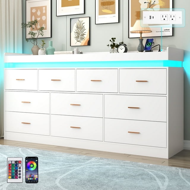 ChVans 10 Drawer Dresser with LED Lights and Charging Station, 70" Wide wood Chest of Drawers and Metal Handles, 39.8" Tall drawers dresser for bedroom, Living Room, Entryway, Hallway ( Box A Incomplete)