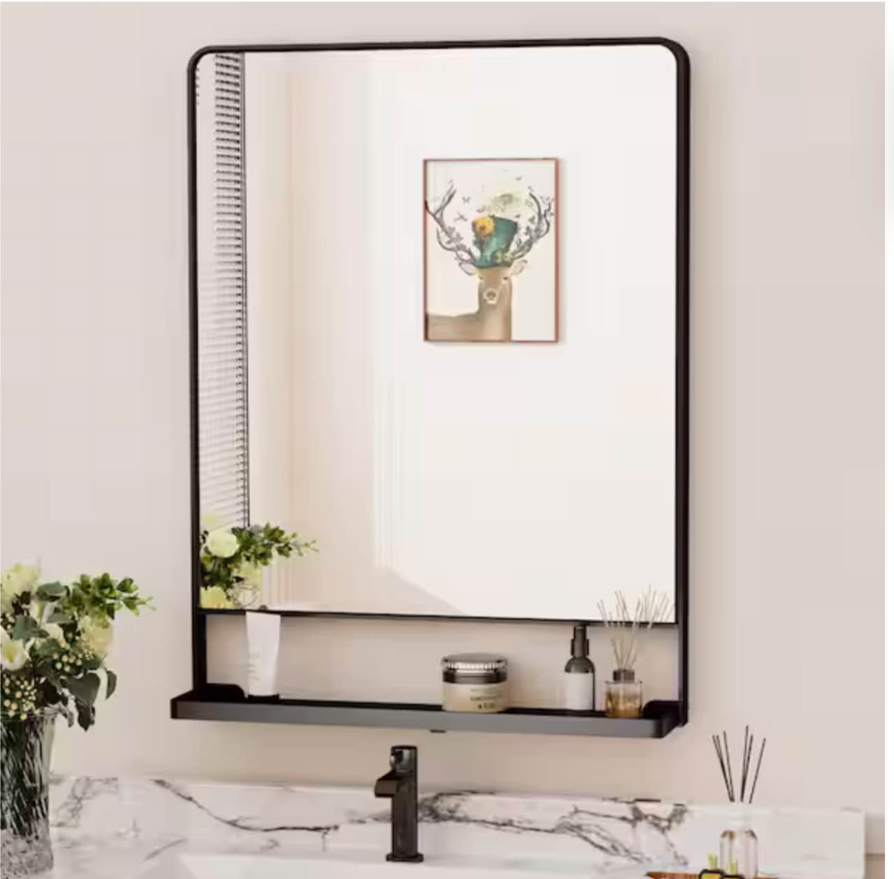 24 in. W x 32 in. H Large Rectangular Framed Metal Wall Bathroom Vanity Mirror with Shelf in Black (Vertical)