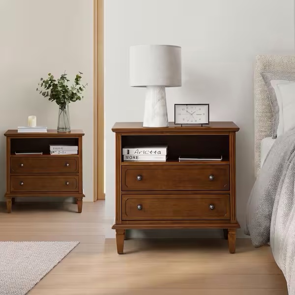 Juiien Mid-Century Solid Wood 2 - Drawer Storage Nightstand with USB Port Set of 2-Walnut