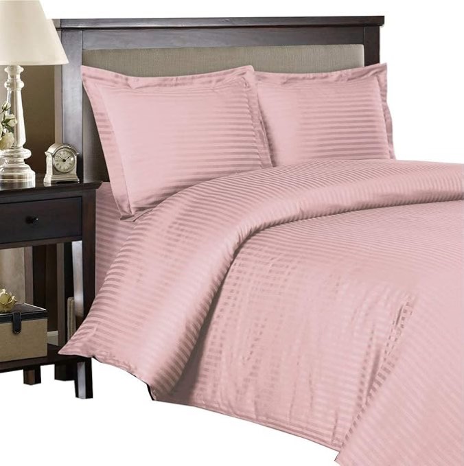 Superior 100% Egyptian Cotton 300 Thread Count Striped Duvet Cover Set, Sateen Weave, 1 Duvet Cover with Button Closure, 2 Pillow Shams, Lightweight Bedding, Pink Full/Queen