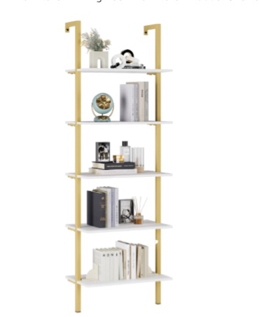 FINETONES Wall Mounted Bookcase 5-Tier, 72.6’’ Height Ladder Shelf with Metal Frame and Wood Shelf, Open Bookshelf Plant Flower Stand Display Storage Organizer Shelves for Home Office, White/Gold