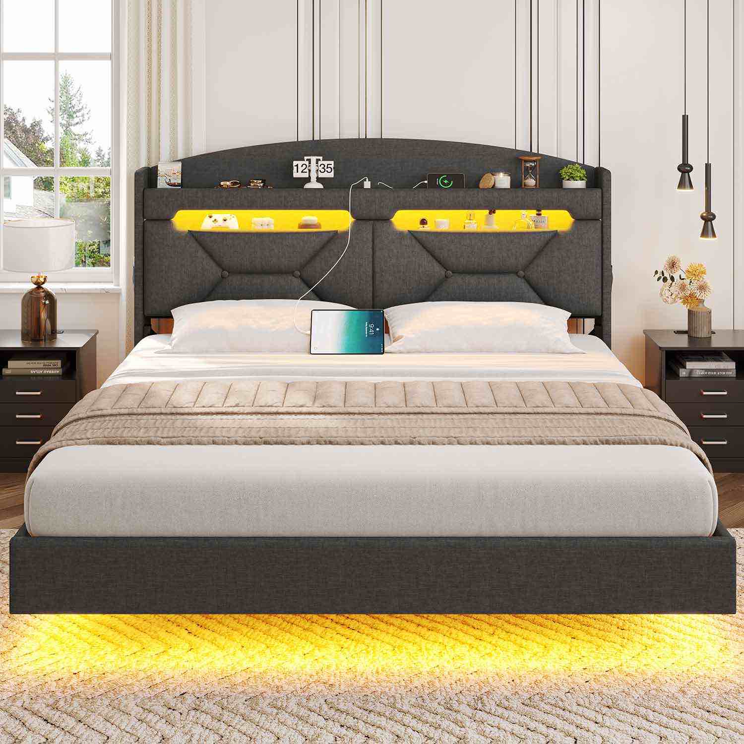 LED Floating Bed Frame With Charging Station Hidden Storage Dark Grey (Full Size ) 