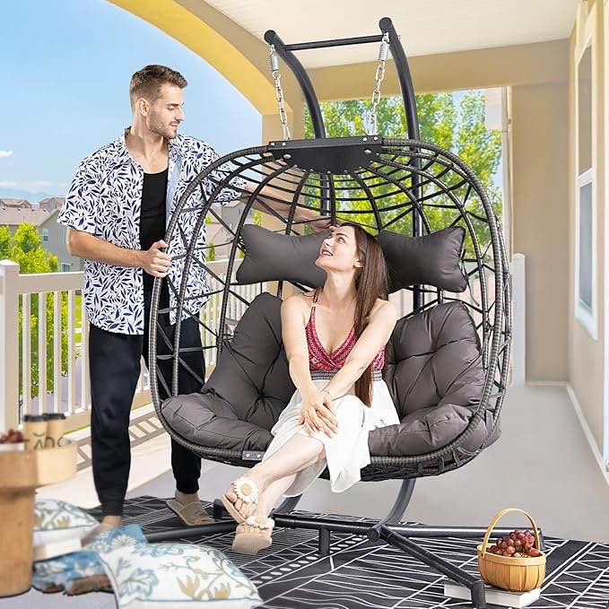 BULEXYARD Double Egg Chair with Stand Indoor Outdoor 2 Person Large Wicker Hanging Swing Chair Oversized Twins Patio Loveseat 2 Seat Egg Chair Grey