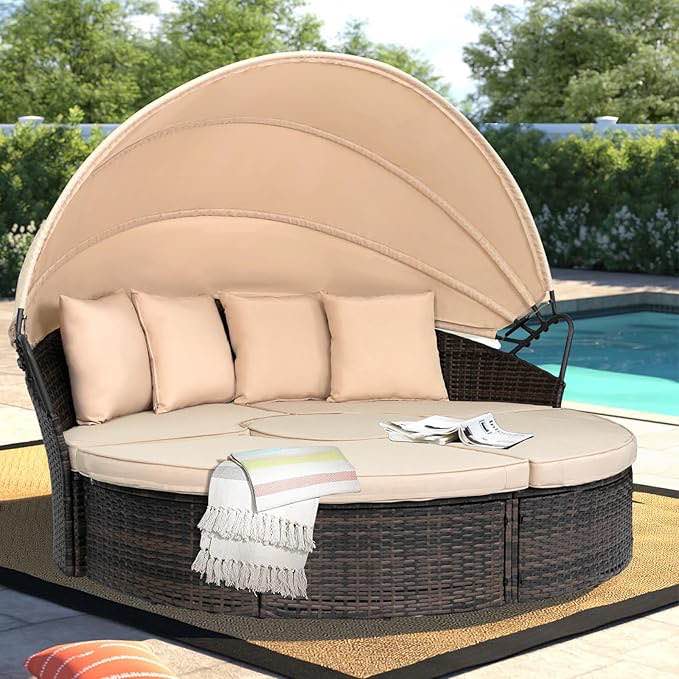 Outdoor Patio Daybed with Retractable Canopy, Wicker Rattan Sectional Round Sofa Furniture Set, 5 Pieces Seating Separates Cushioned Seats for Lawn Garden Backyard Porch Pool, Brown( incomplete)
